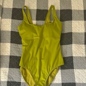 Fabletics Olive Green One Piece Bodysuit with Thin Straps and High Cut Leg